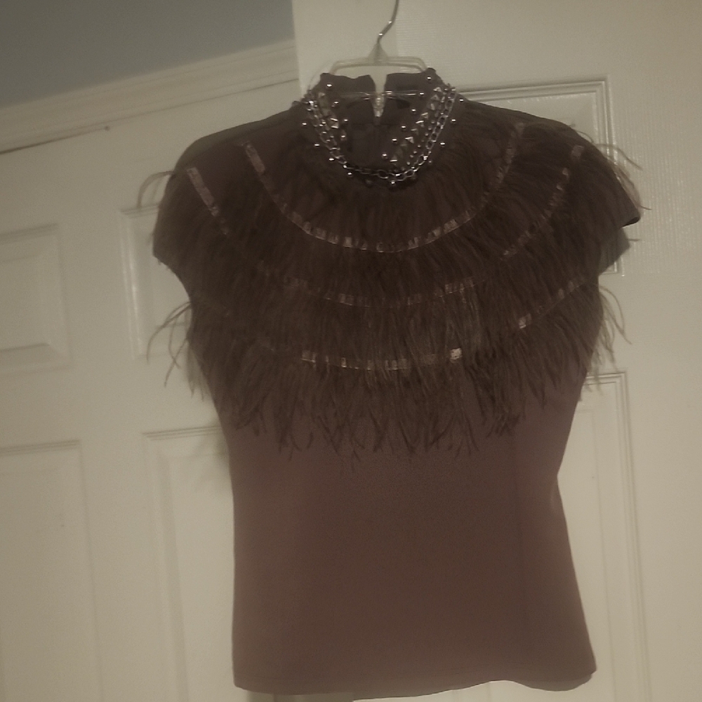 Chic Brown Feathered Women's Blouse